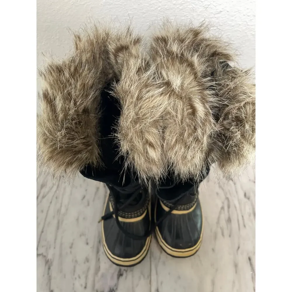 Sorel Joan of Arctic Boots Womens 7 Black Suede Faux Fur Waterproof Winter Snow
